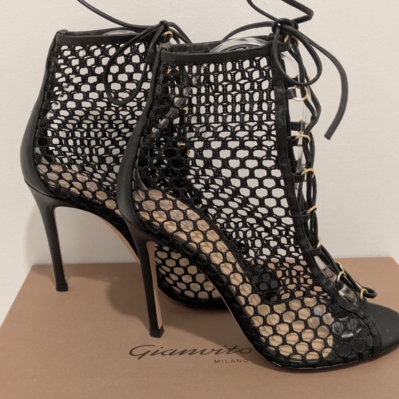 Gianvito Rossi Black Lace-Up Mesh Heels - Picture 2 of 5